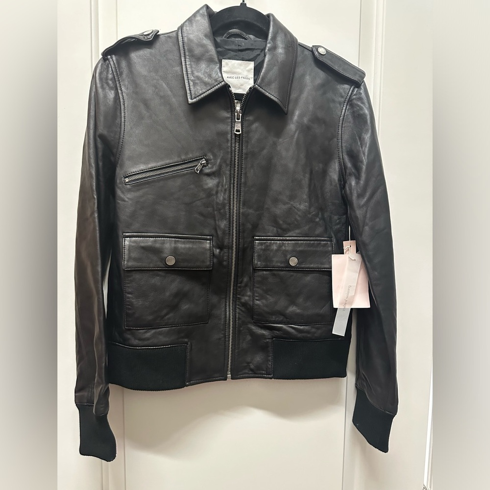 Avec Les Filles Black Leather Bomber Jacket